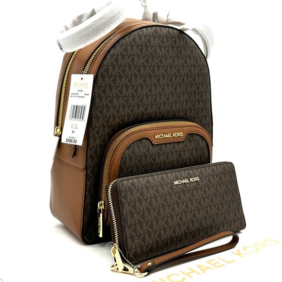 Michael Kors Jaycee Medium Backpack & Continental Wallet Wristlet Brown/Gold main image 7